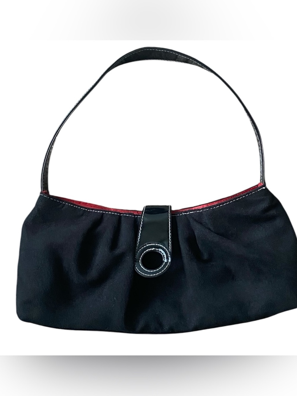 Victoria’s Secret Black Satin Shoulder Bag Y2K Red Lining Patent Strap